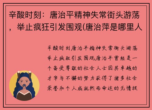 辛酸时刻：唐治平精神失常街头游荡，举止疯狂引发围观(唐治萍是哪里人)